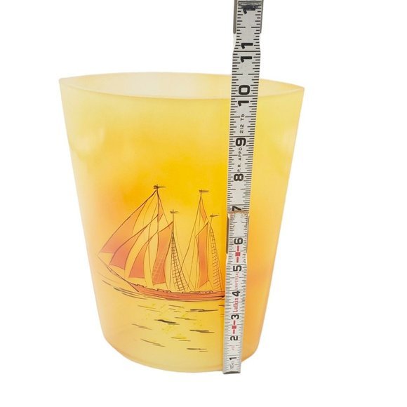 VTG Gold Sail Ship Glass Vase Satin Nautical Handpainted 10" Oval Eye MCM SIgned - Picture 3 of 12